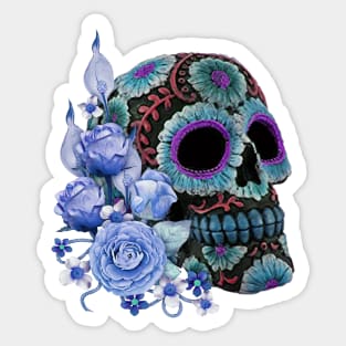Blue Floral Black Sugar Skull Day Of The Dead Sticker